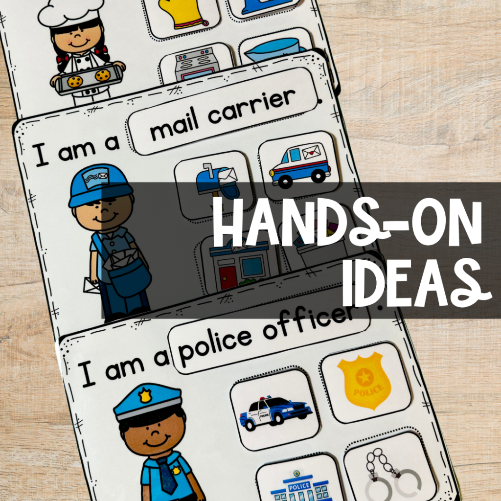This graphic shows community helpers sorting mats for kindergarten and first grade centers by kidsburrow