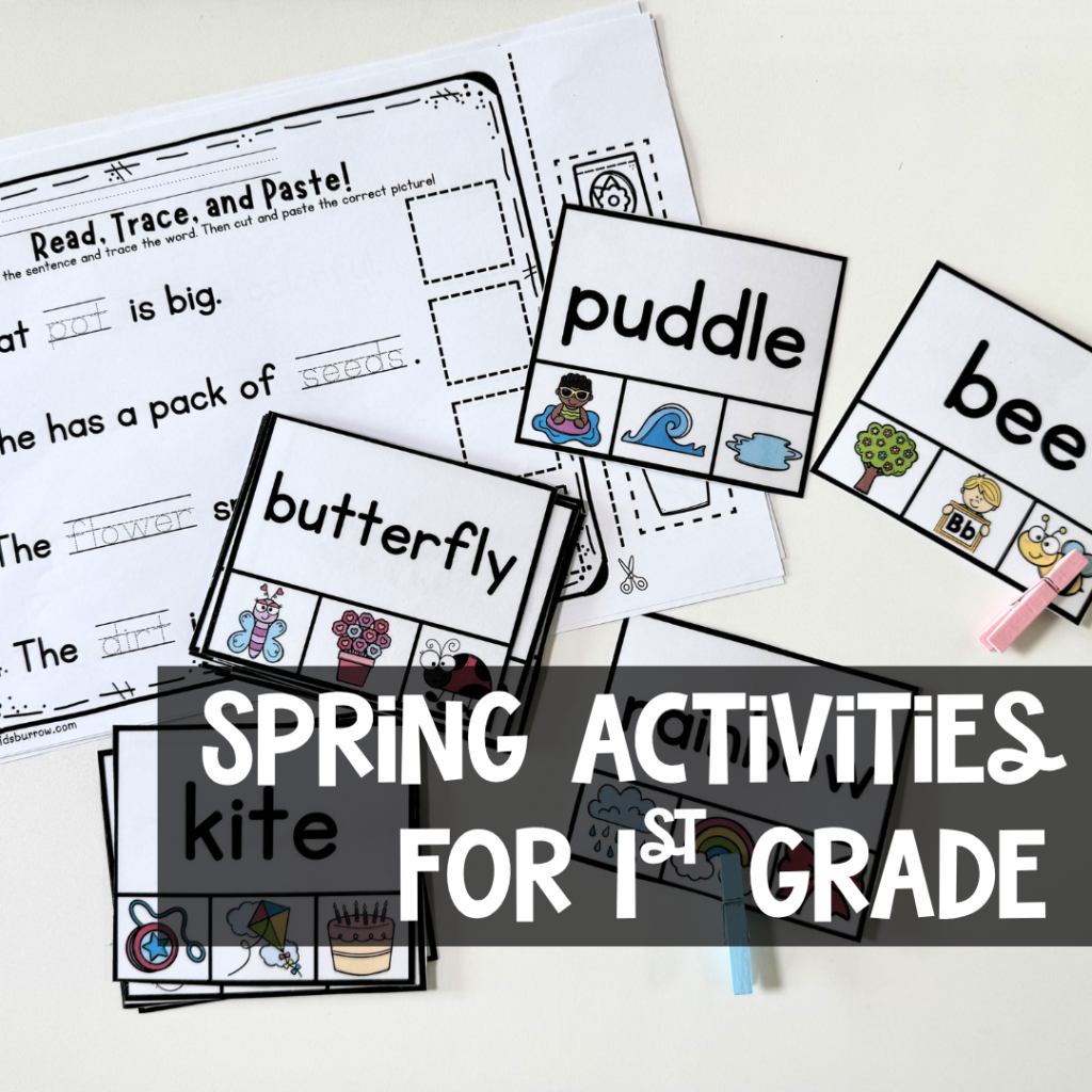 This graphic shows spring activities for kindergarten and first graders by kidsburrow